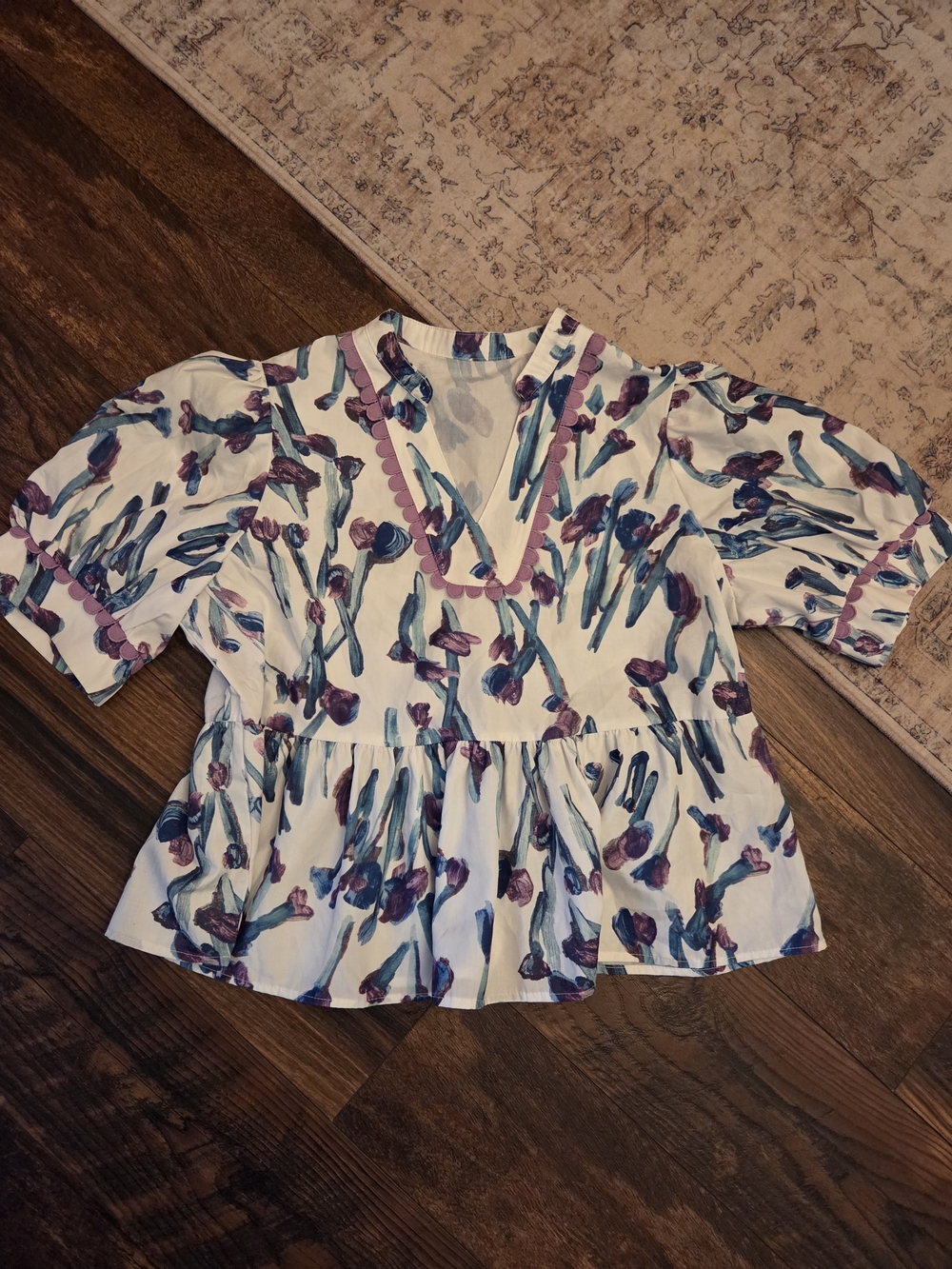 White Floral Peplum V-Neck Blouse with Purple & Teal Accents